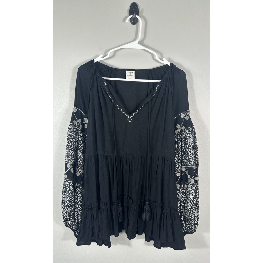 By Together Top Womens Small Black Tiered Embroidered‎ Boho Hippie